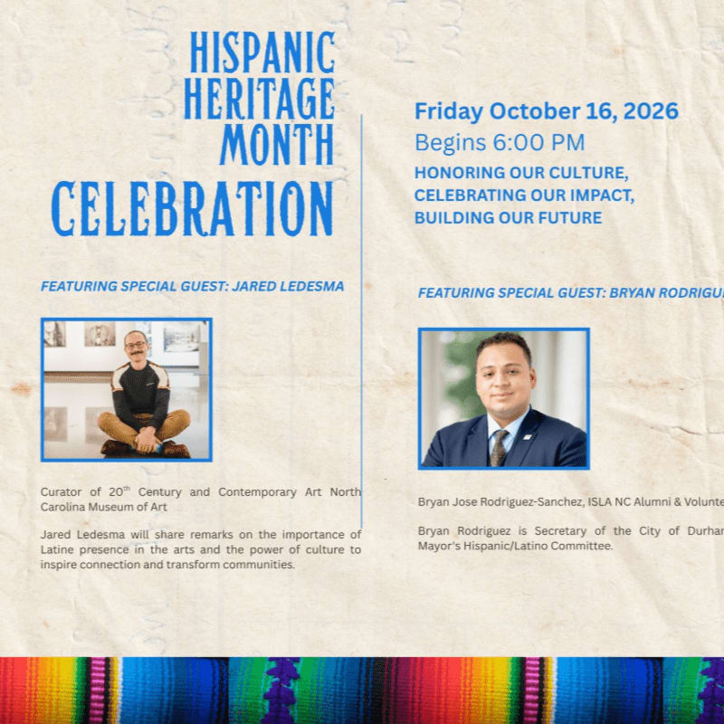 A flyer announces a Hispanic Heritage Month Celebration on October 16, 2026, featuring Jared Ledesma and Bryan Rodriguez, with a colorful woven fabric border at the bottom.