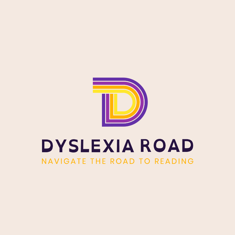 A stylized letter D with colorful stripes is in the foreground, with the words "DYSLEXIA ROAD NAVIGATE THE ROAD TO READING" below it, all set against a pale beige background.