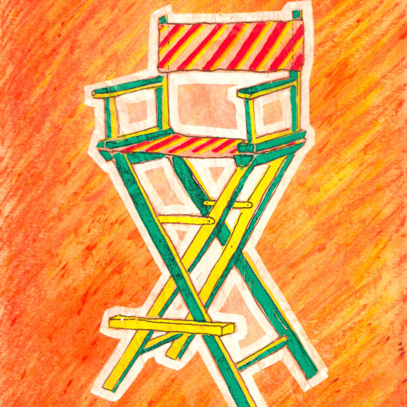A colorful director's chair with red and yellow stripes sits in front of a textured orange background.