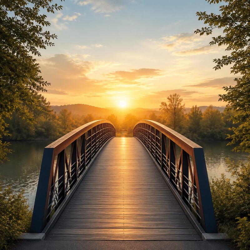 A wooden bridge arches over a calm body of water, leading towards a vibrant sunset illuminating rolling hills and trees.