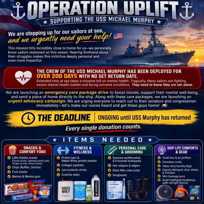 In the foreground, a list of needed items for the USS Michael Murphy is displayed, while in the background, a naval ship sails on the ocean at sunset.