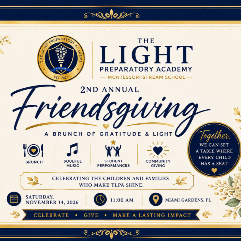 A navy blue and gold invitation for The Light Preparatory Academy's 2nd Annual Friendsgiving brunch announces the event details against a backdrop of floral illustrations.