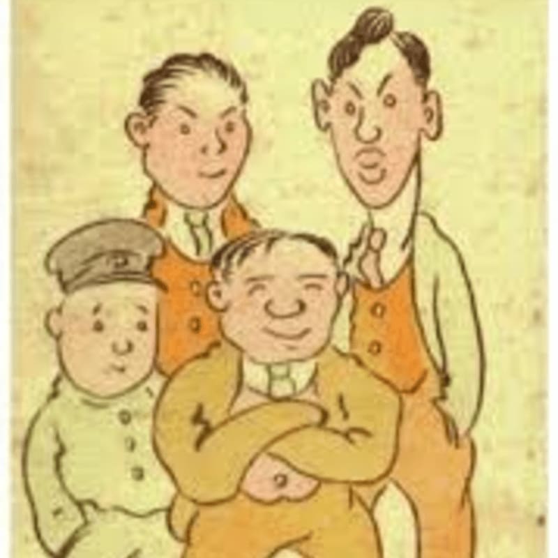 Four cartoon men, three in vests and one in a cap, stand together against a plain, light-colored background.