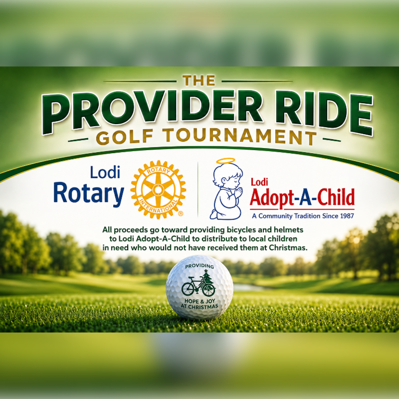 A golf ball sits on a lush green fairway in the foreground, with the "The Provider Ride Golf Tournament" logo and event details displayed above a blurred background of trees and a golf course.
