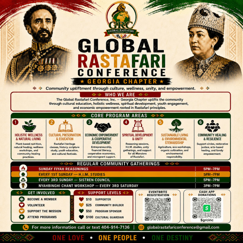 The foreground features a detailed event poster for the Global Rastafari Conference, Georgia Chapter, with information on programs, gatherings, and support levels, while the background displays portraits of Emperor Haile Selassie I and Empress Menen Asfaw.