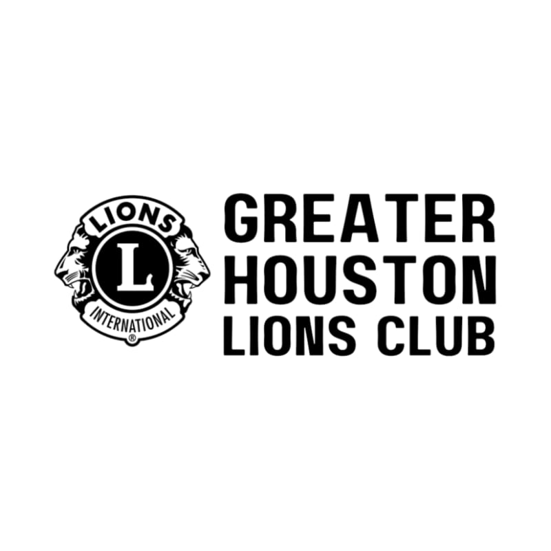 A black and white logo features the "LIONS INTERNATIONAL" emblem on the left and the text "GREATER HOUSTON LIONS CLUB" on the right, all against a plain white background.