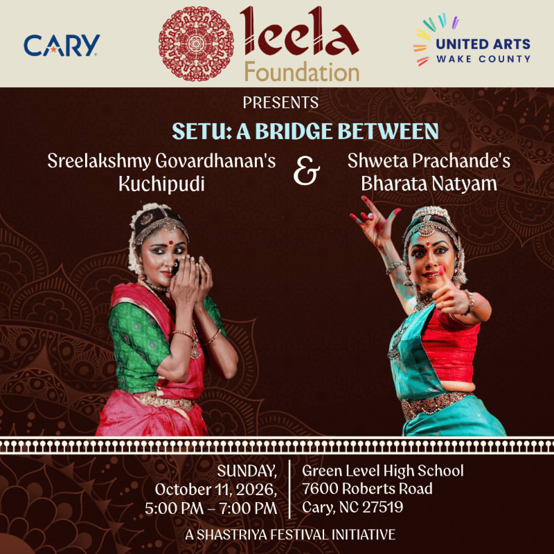 Two women in traditional Indian dance costumes are featured in the foreground against a dark brown background with decorative patterns and event details.