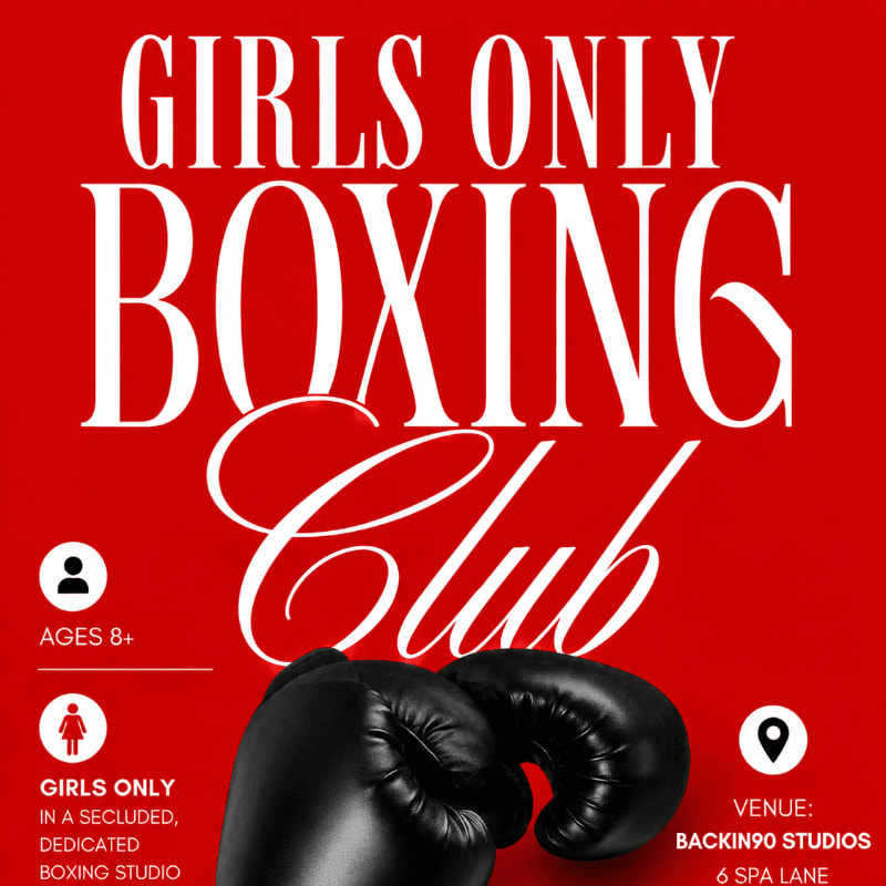 Black boxing gloves fill the foreground against a vibrant red background advertising a "Girls Only Boxing Club" with details about age, location, and venue.