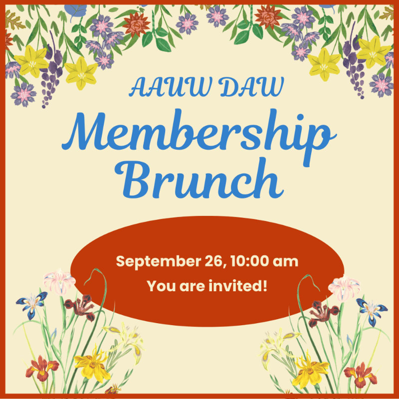 A floral border frames a cream-colored invitation for an AAUW DAW Membership Brunch on September 26th at 10:00 am, with colorful flowers in the foreground and a decorative floral garland at the top.