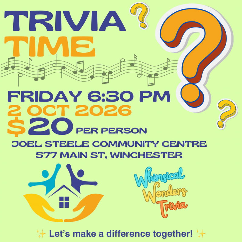 A bright yellow background features a "Trivia Time" announcement with musical notes and question marks in the background, while the foreground displays event details, a logo, and a tagline.