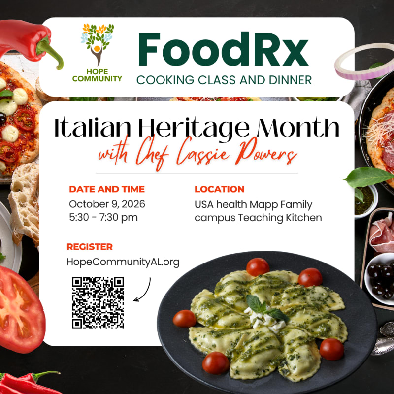 A plate of ravioli with cherry tomatoes in the foreground is set against a background of pizzas and Italian ingredients, advertising an Italian Heritage Month cooking class and dinner.