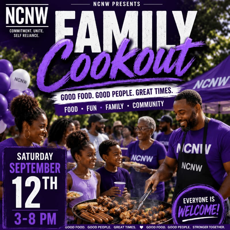 A diverse group of people enjoy a family cookout with a man grilling in the foreground and a purple tent and balloons in the background.