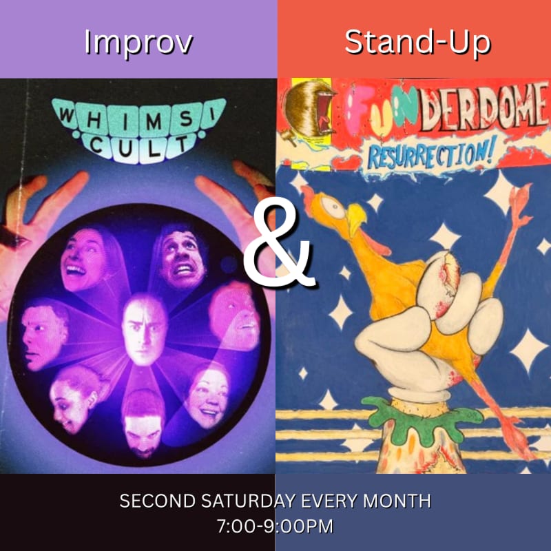 A collage features a purple crystal ball with faces in the foreground and a colorful cartoon character in the background, advertising "Improv" and "Stand-Up" comedy events.
