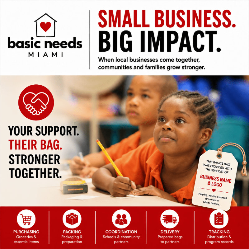 Two young children in orange shirts are in the foreground, looking up and to the right, while the background features text about small businesses and their impact.
