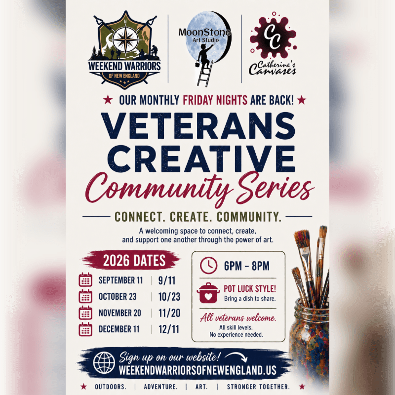 A flyer for a Veterans Creative Community Series features a jar of paintbrushes in the foreground and event details in the background.