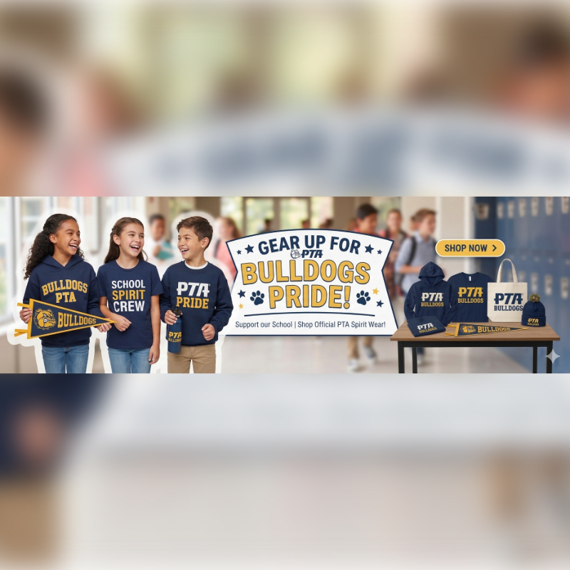 Three children in school spirit wear stand in the foreground with a display of merchandise on a table to the right, while a blurred background shows a school hallway with students.