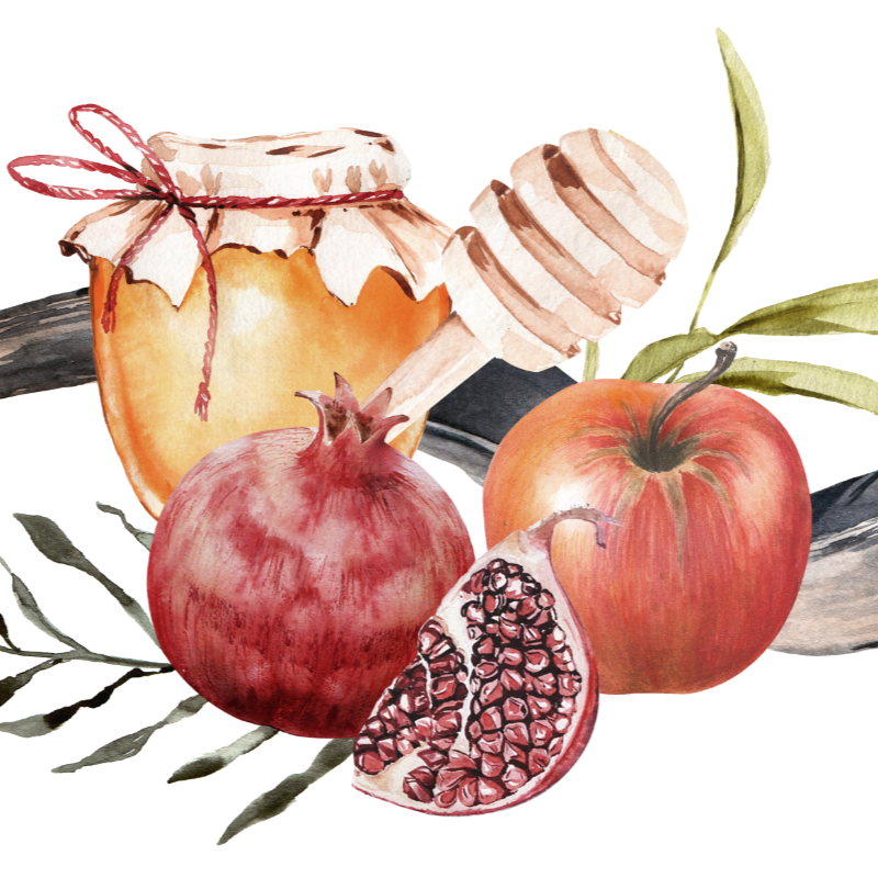 A jar of honey with a dipper, a pomegranate, and an apple are arranged in the foreground, with dark branches and green leaves in the background.