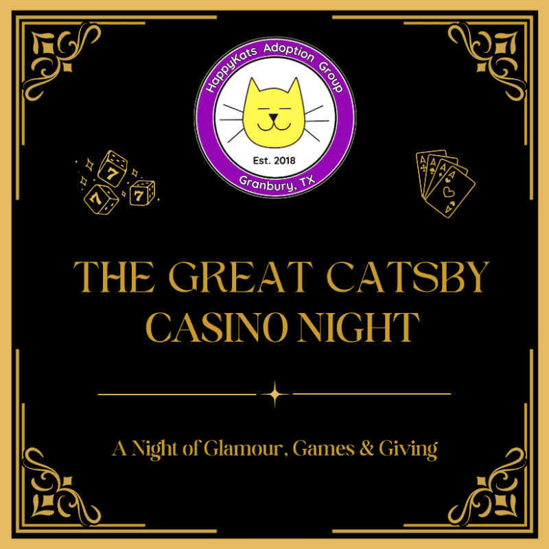 Dice and playing cards are in the foreground, with a "The Great Gatsby Casino Night" event poster in the background.