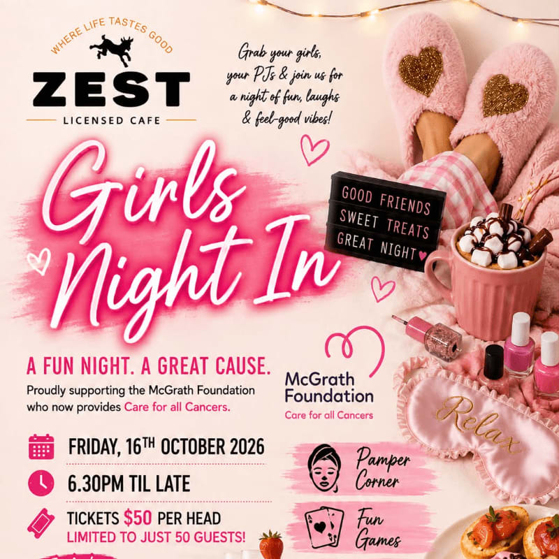 Cozy slippers and a hot drink sit on a blanket in the foreground, while the background advertises a "Girls Night In" event supporting the McGrath Foundation.
