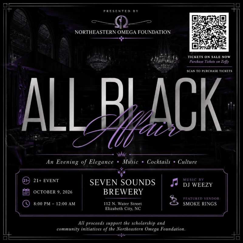 A dark, elegant "All Black Affair" event poster is displayed with details of the event in the foreground and a dimly lit, ornate ballroom in the background.