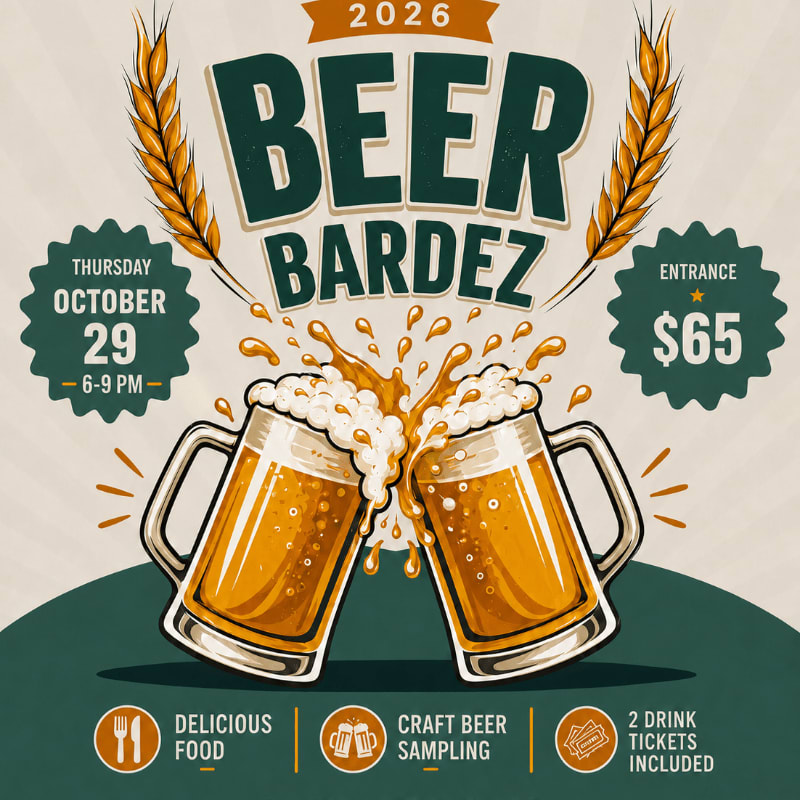 Two frothy mugs of beer are raised in a toast in the foreground, with event details for "Beer Bardez" in 2026 set against a textured, muted background.