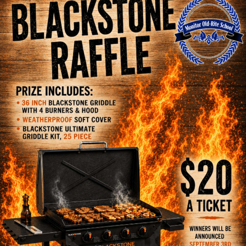 A Blackstone griddle with food cooking on it sits in the foreground against a background of flames and raffle details.