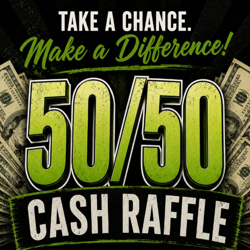 A large "50/50 CASH RAFFLE" sign is in the foreground, surrounded by stacks of US dollar bills, with a dark, textured background.