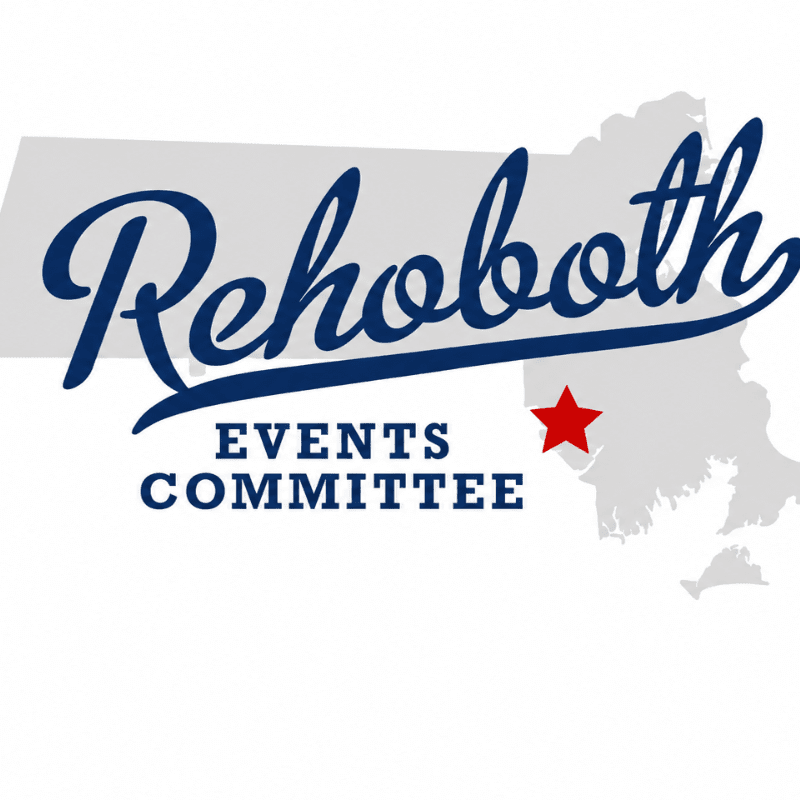 A stylized map of Massachusetts in the background frames the words "Rehoboth Events Committee" in the foreground, with a red star marking a location.