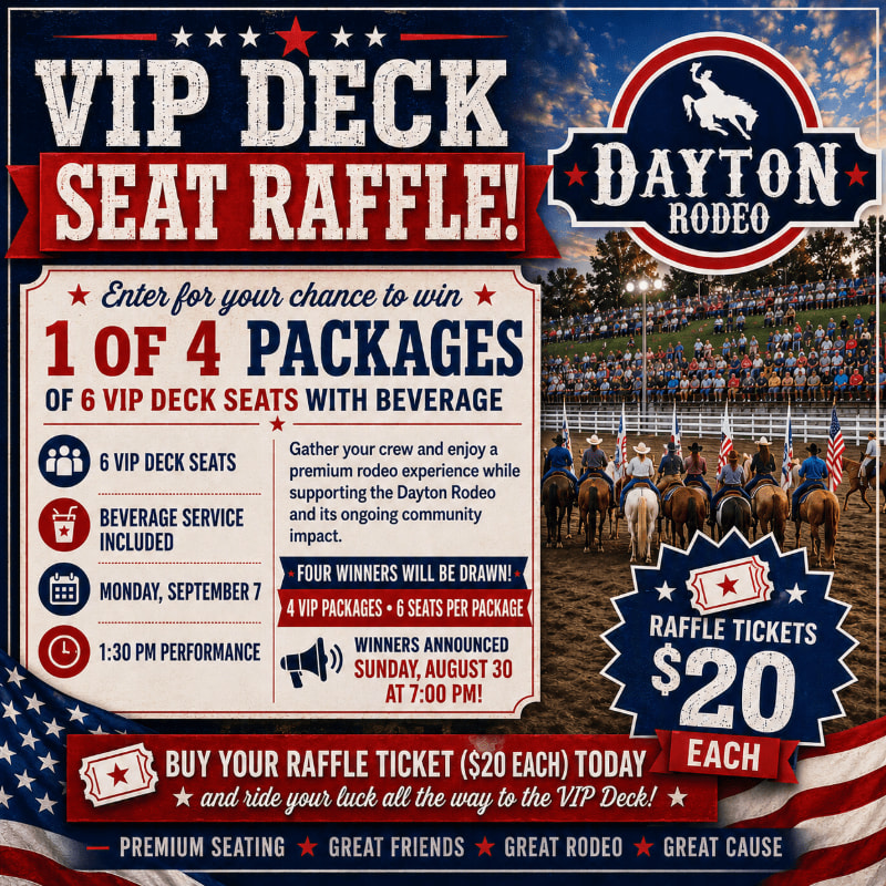 A raffle for VIP deck seats at the Dayton Rodeo is advertised with details of the prize and ticket cost in the foreground, set against a background image of a rodeo event with spectators.