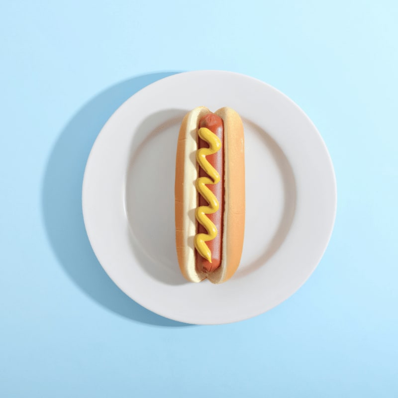 A hot dog with mustard sits on a plate