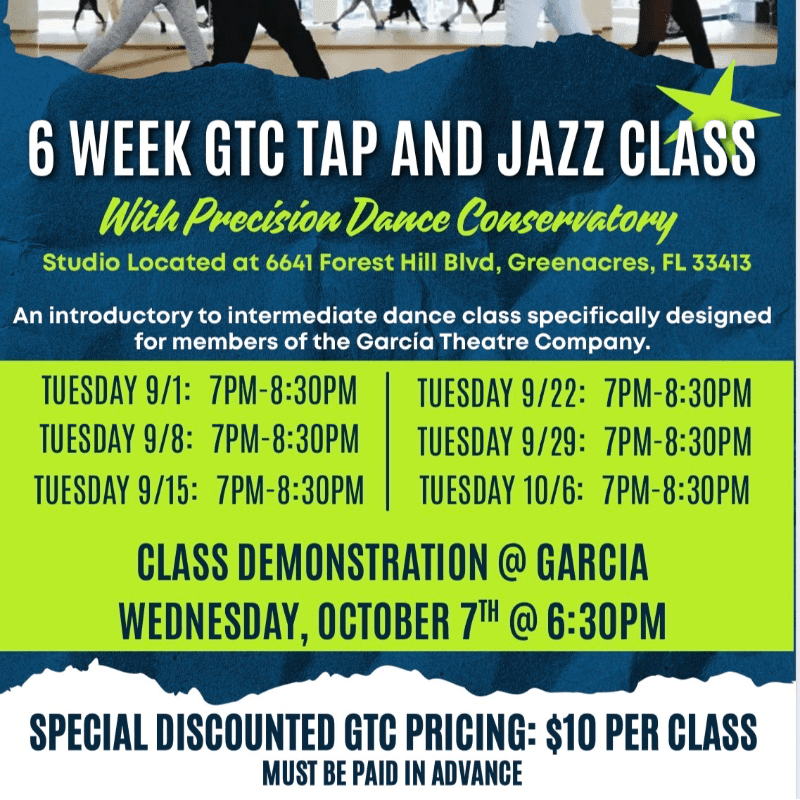A flyer advertises a 6-week tap and jazz class with a list of dates and times in the foreground, set against a blurred background of dancers.
