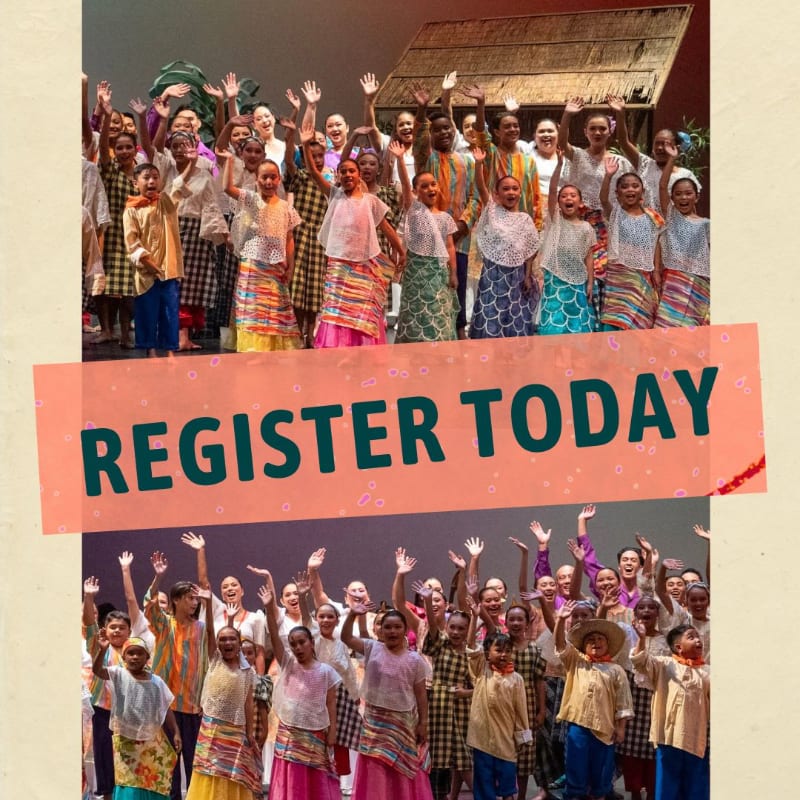A large group of children in colorful traditional clothing wave their hands in front of a rustic building, with a banner across the middle reading "REGISTER TODAY".