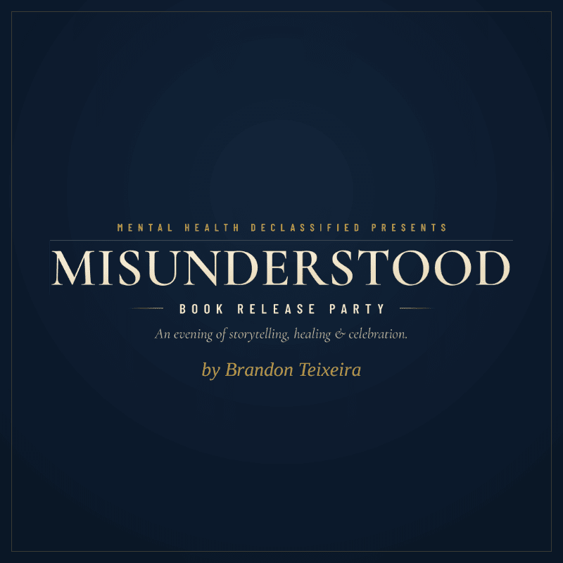 A dark blue background frames the title "MISUNDERSTOOD BOOK RELEASE PARTY" in elegant white font, with smaller text below detailing the event and author.
