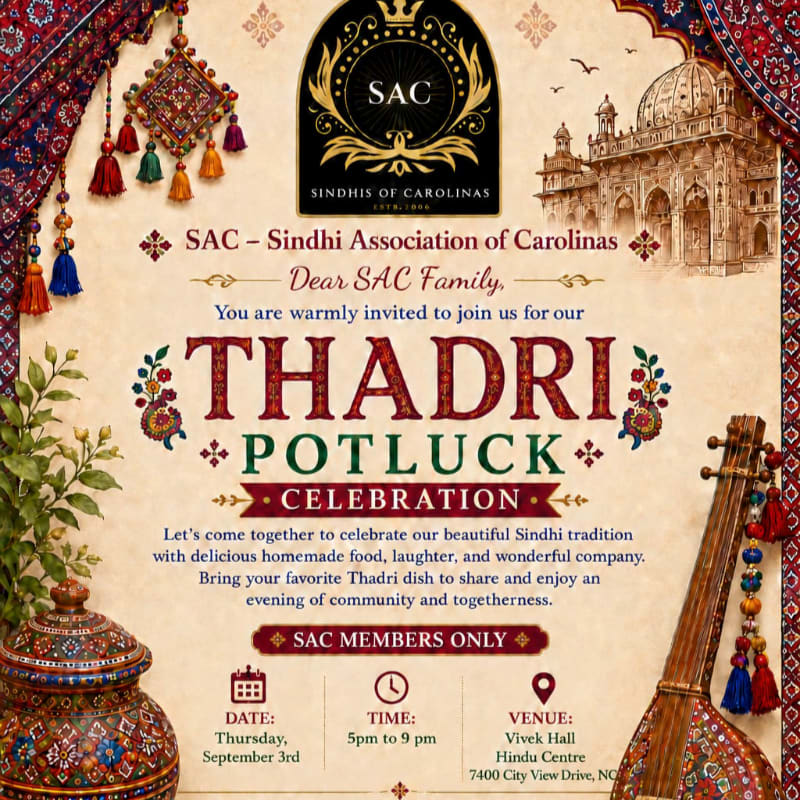 A decorative invitation for a Thadri Potluck Celebration by the Sindhi Association of Carolinas features traditional Indian motifs and instruments in the foreground, with an illustration of a historic building in the background.