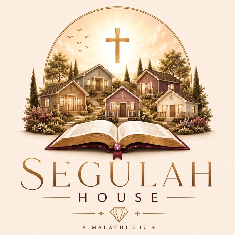 An open bible rests in the foreground before a cluster of houses nestled on a hillside, all beneath a glowing cross and sun.