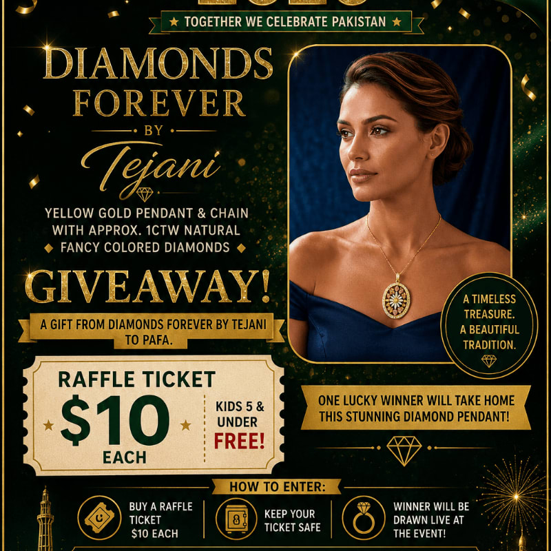 A woman in a blue dress models a diamond pendant in the foreground, while the background features text announcing a giveaway and details about a raffle ticket.
