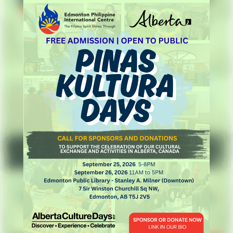 A flyer for "Pinas Kultura Days" in Edmonton, Canada, features a vibrant collage of Filipino cultural imagery in the background and bold text announcing the event details in the foreground.