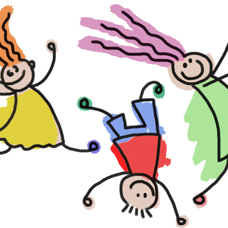 Three stick figures with colorful clothes and hair are joyfully playing on a white background.