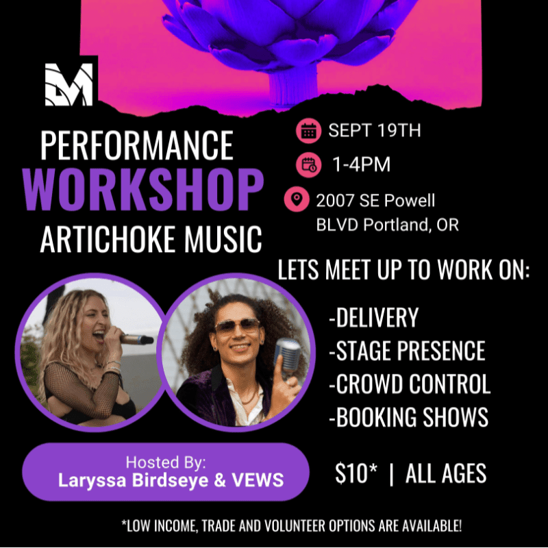 A purple artichoke looms over a flyer for a performance workshop hosted by Laryssa Birdseye & VEWS, featuring photos of two women in the foreground.