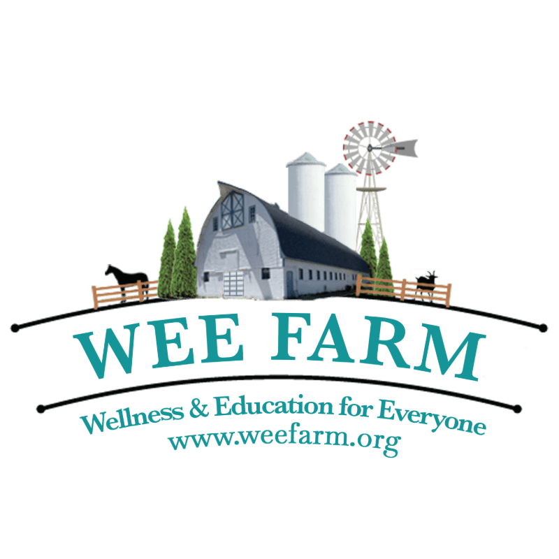 A stylized farm scene with a barn, silos, and windmill in the background, and a fence with a horse and goat in the foreground, all under the text "WEE FARM Wellness & Education for Everyone".