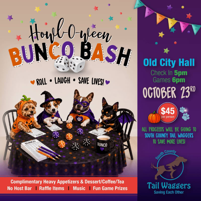 Four dogs dressed in Halloween costumes sit around a table playing Bunco, with event details for the "Howl-O-ween Bunco Bash" in the background.