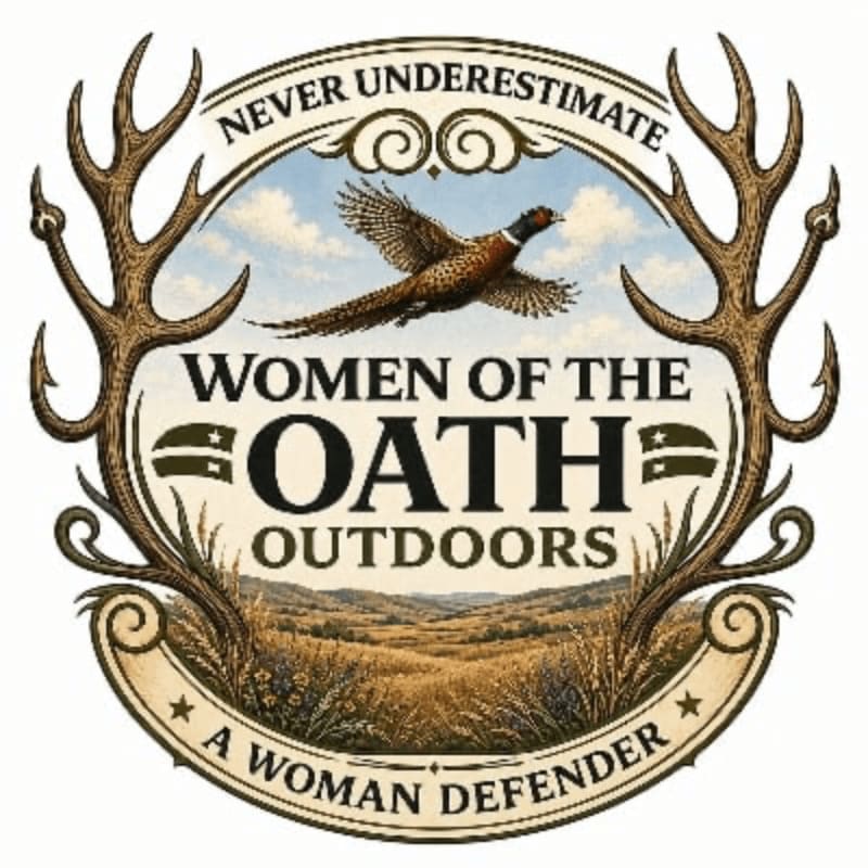 A pheasant flies over a field of tall grass and rolling hills, framed by antlers and the words "Never Underestimate Women of the Oath Outdoors A Woman Defender."
