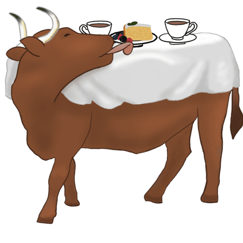 A brown cow with a white tablecloth draped over its back is licking a slice of cake and two cups of coffee on a white background.