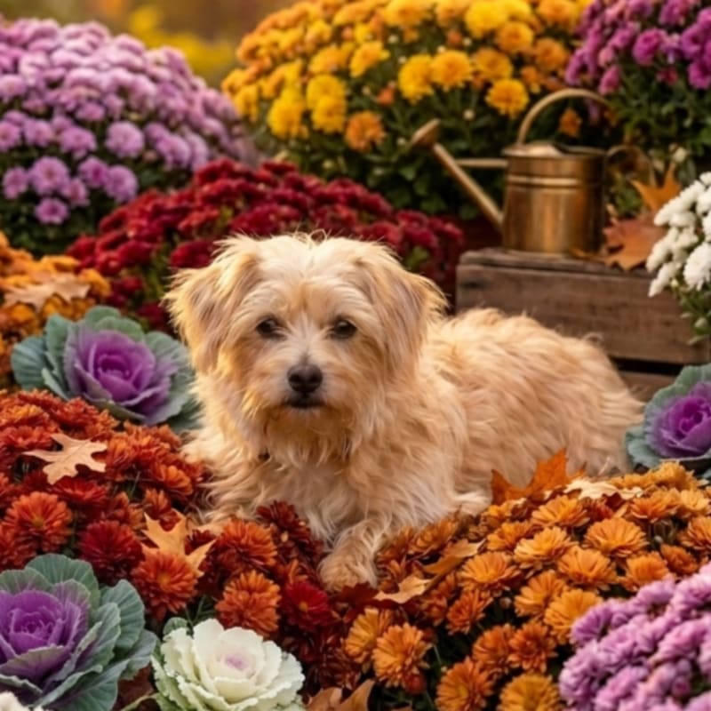 A fluffy light brown dog rests among vibrant autumn flowers, with a watering can and wooden crate visible in the blurred background.