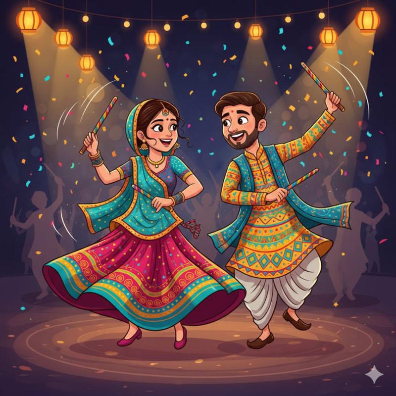 A joyful couple dances with sticks in the foreground, while silhouetted figures and festive lights illuminate the background.