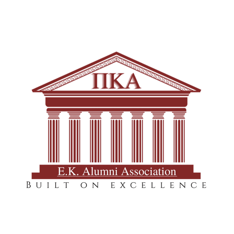 A maroon Greek temple with "ΠΚΑ" inscribed on its pediment stands in the foreground, while the words "E.K. Alumni Association BUILT ON EXCELLENCE" are displayed below it against a white background.