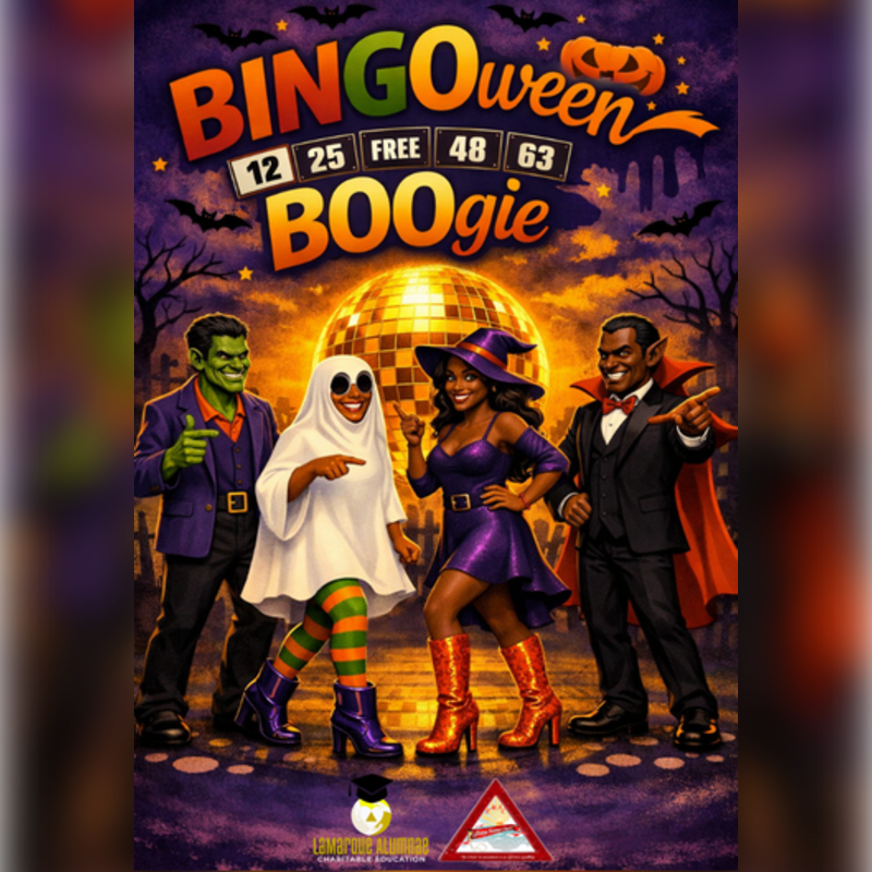 Four people in Halloween costumes, including a ghost, a vampire, a witch, and a monster, dance in front of a disco ball with a "BINGOween BOOgie" sign above them, set against a spooky, starry night background.