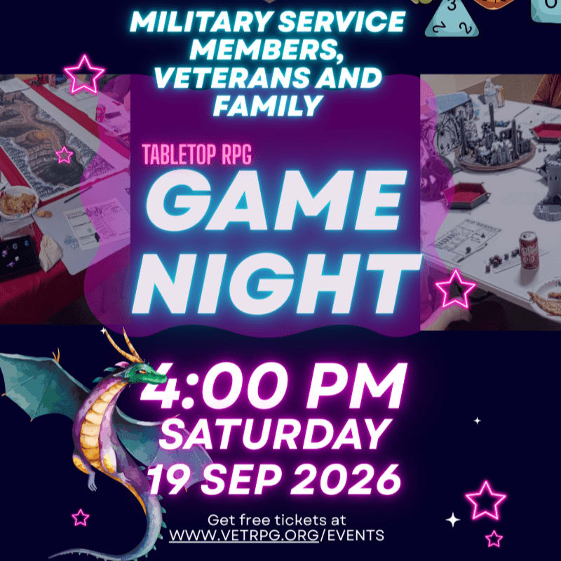 A tabletop RPG game night for military members, veterans, and their families is advertised with a dragon in the foreground and game tables in the background.