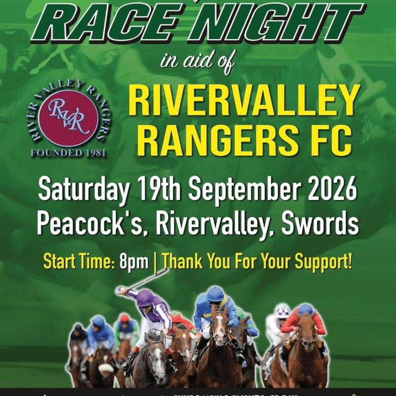 A horse race unfolds in the foreground beneath bold text announcing a "Race Night" fundraiser for Rivervalley Rangers FC.