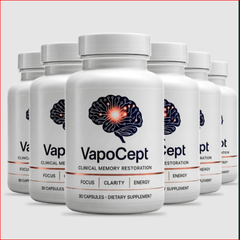 Several white bottles of VapoCept, a clinical memory restoration supplement, are arranged in the foreground against a plain background.